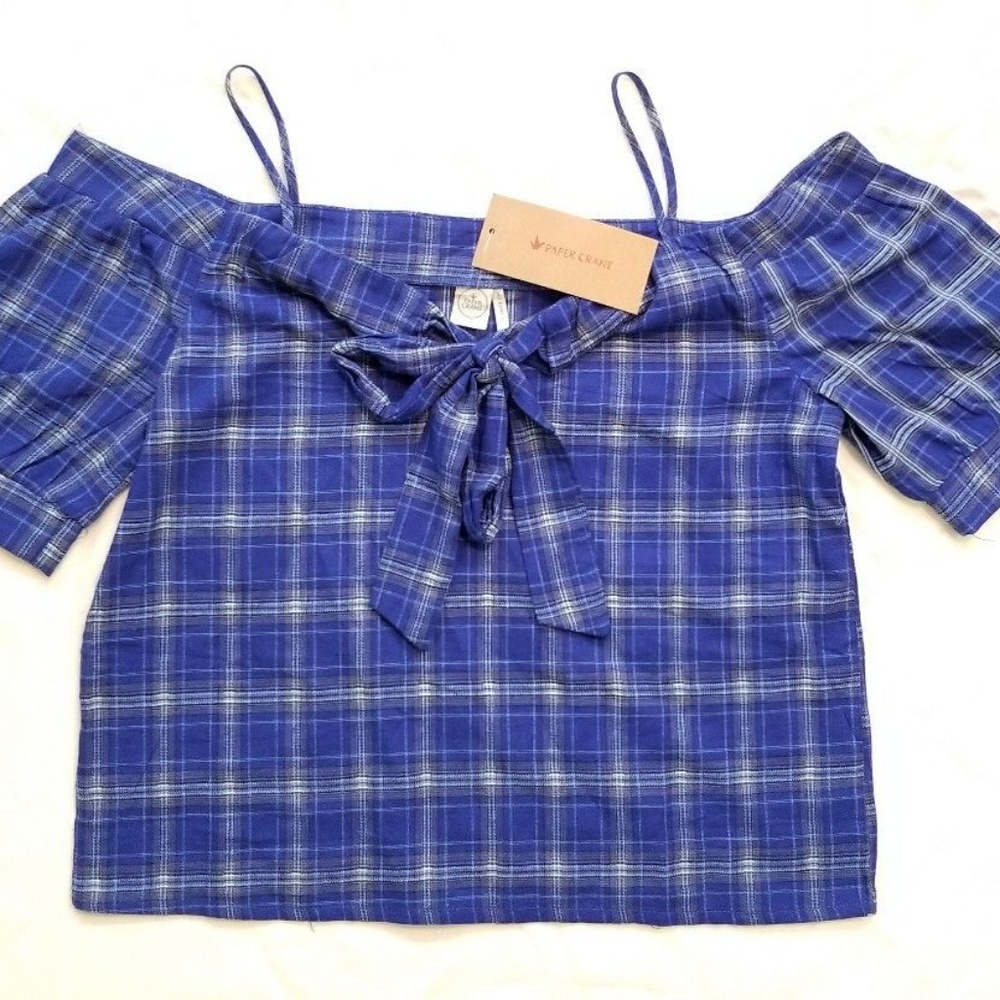 Women's Blue Plaid Off Shoulder Shirt Top Size L